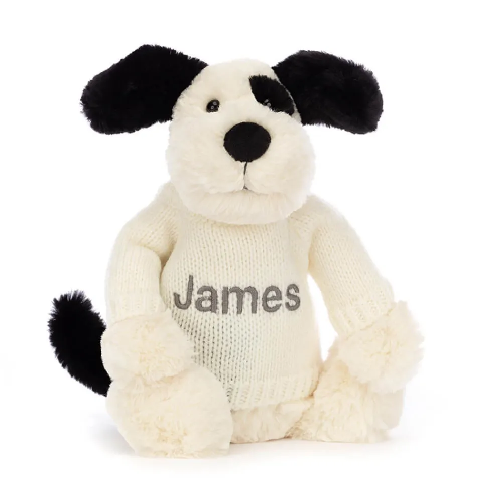 Jellycat Bashful Black & Cream Puppy with Personalised Cream Jumper