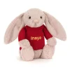 Jellycat Bashful Luxe Bunny Rosa with Personalised Red Jumper