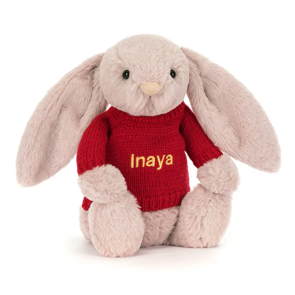 Jellycat Bashful Luxe Bunny Rosa with Personalised Red Jumper