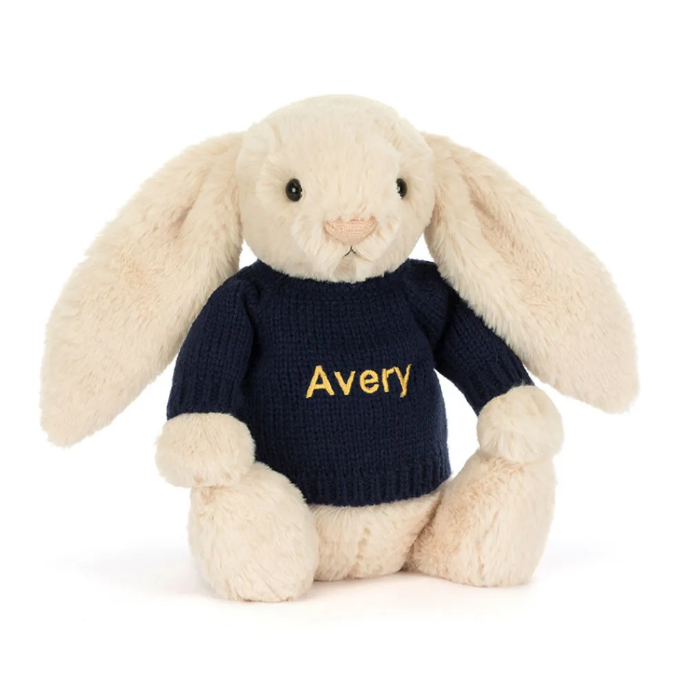 Jellycat Bashful Luxe Bunny Willow with Personalised Navy Jumper