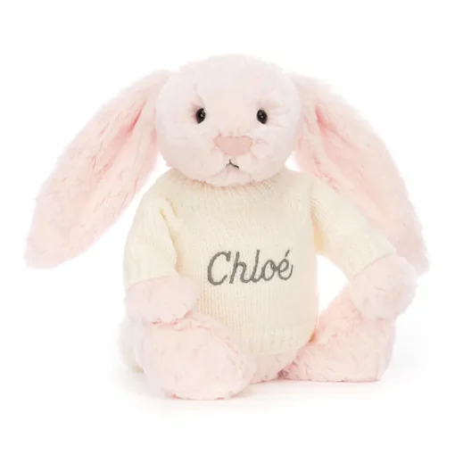 Jellycat Bashful Pink Bunny with Personalised Cream Jumper