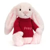Jellycat Bashful Pink Bunny with Personalised Red Jumper