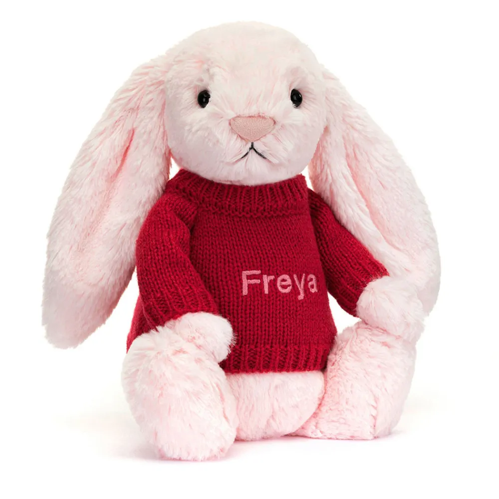 Jellycat Bashful Pink Bunny with Personalised Red Jumper