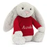 Jellycat Bashful Silver Bunny with Personalised Red Jumper