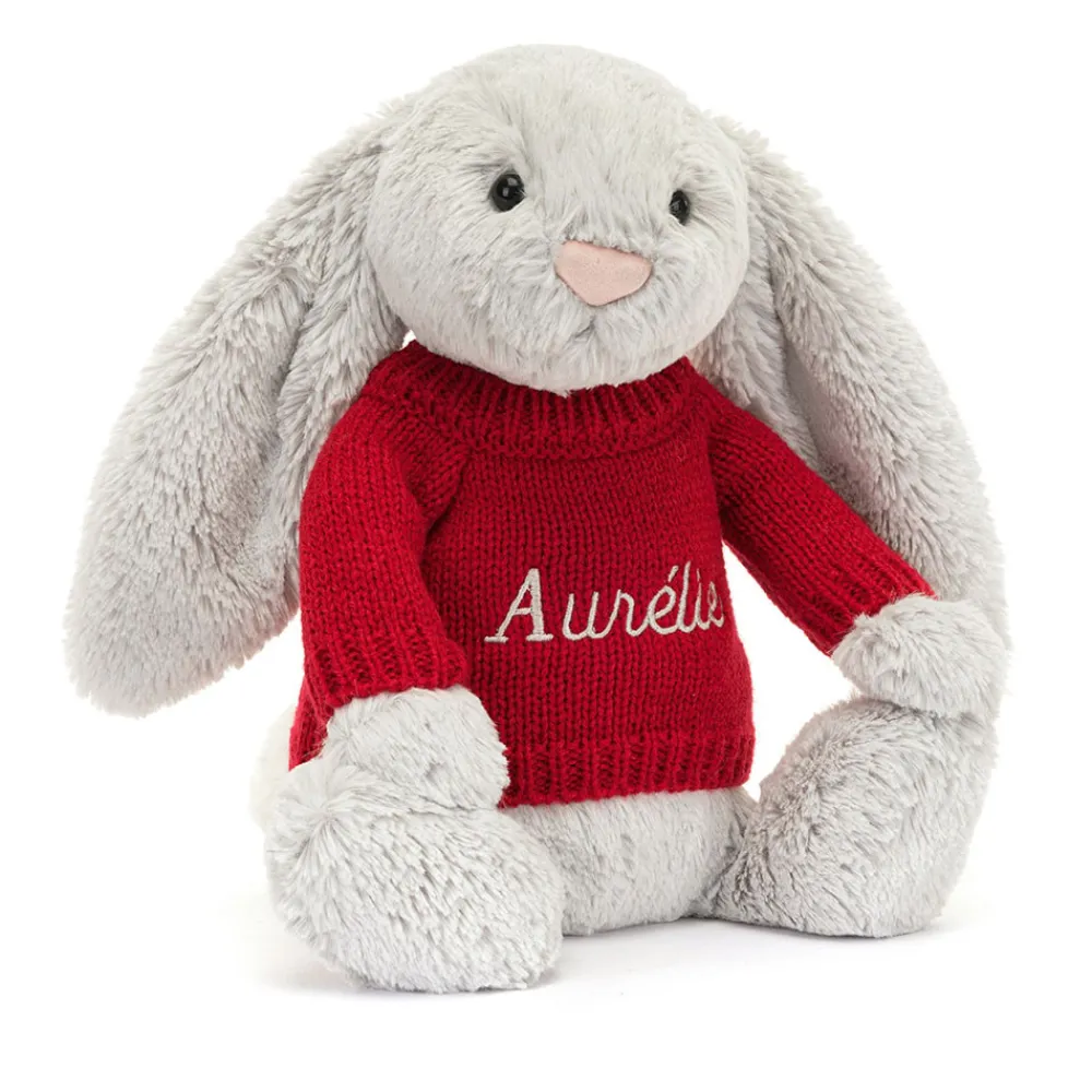 Jellycat Bashful Silver Bunny with Personalised Red Jumper