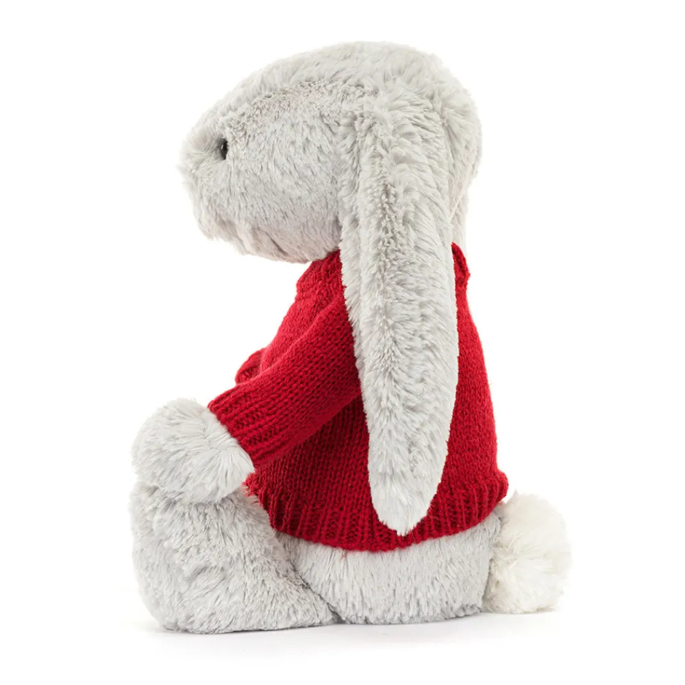 Jellycat Bashful Silver Bunny with Personalised Red Jumper