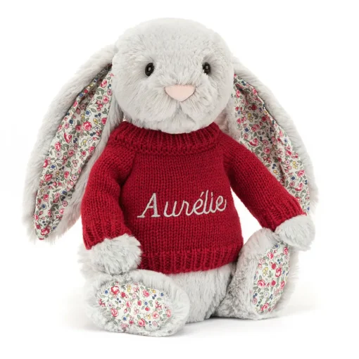 Jellycat Blossom Silver Bunny with Personalised Red Jumper